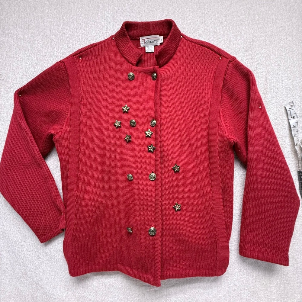 Vintage Talbots Red 100% Wool Cardigan Star Crested Button Sweater Jacket M
